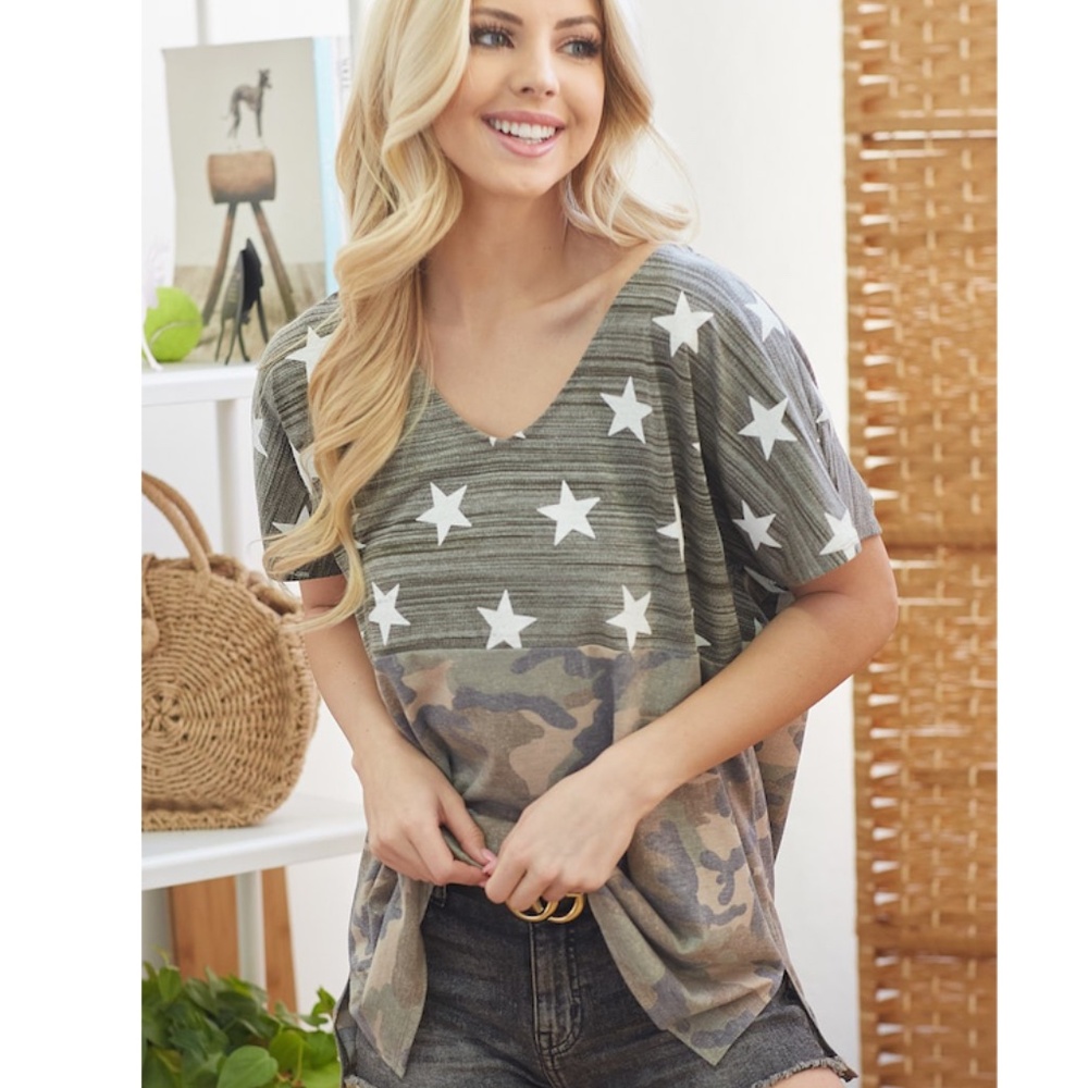 BiBi Olive Green Camo & Star Print V-Neck Top